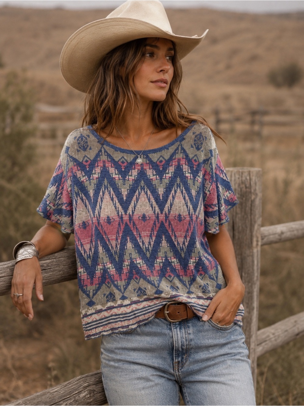 Denim & Supply Ralph Lauren Cotton Blend Aztec Knit Top Blue Small Boho Festival